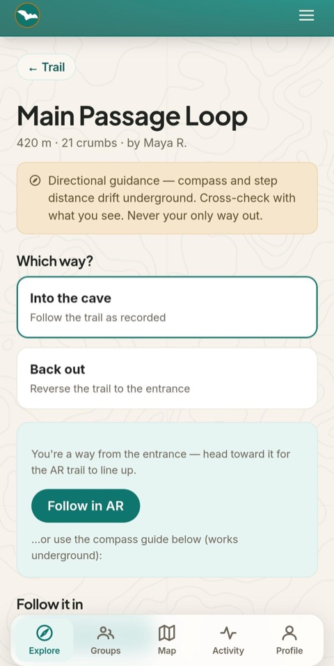 Follow a trail — into the cave, back out, or in AR near the entrance