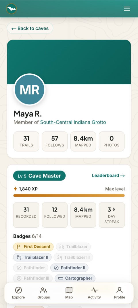 The profile Caver progress card — level, XP, stats and badges