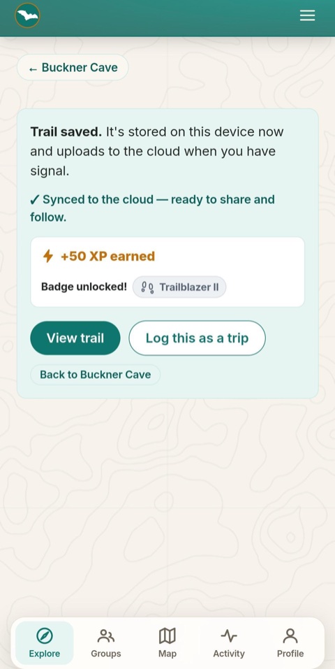 Saving a trail — synced, XP earned and a badge unlocked