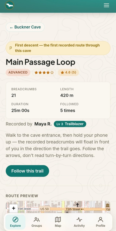 A trail's detail page with a Follow this trail button