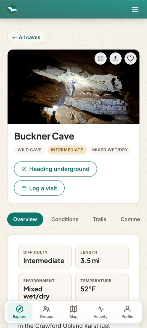 A cave detail page with facts, hazards and access