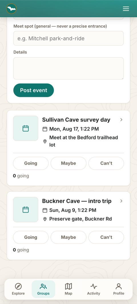 Trip-planning events — plan a trip with a meet spot, date and RSVPs