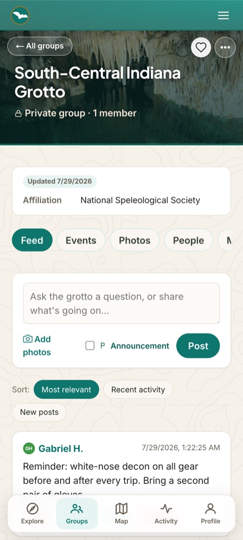 A grotto's private feed — posts, announcements, likes and replies