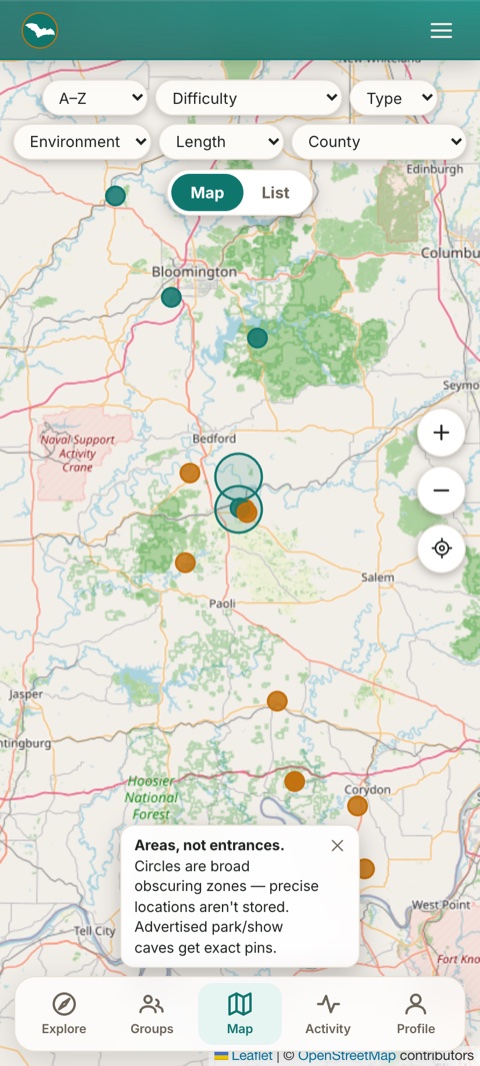 The Karst map showing broad obscured caving areas and exact pins for public show caves